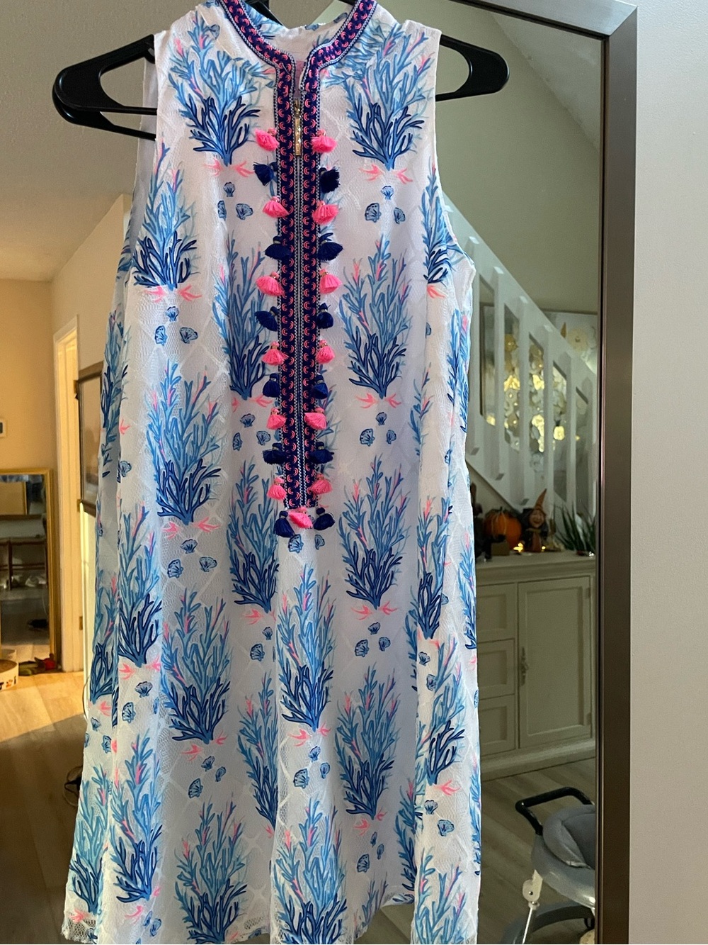 Lilly Pulitzer White Shift Dress with Blue Coral Print and Pink Trim